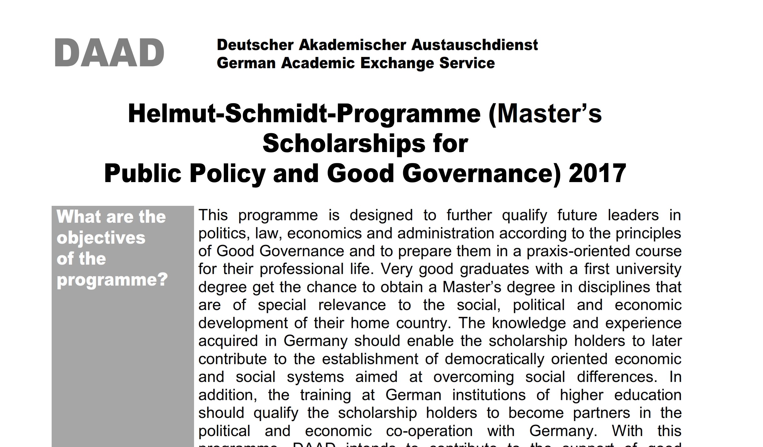 Helmut-Schmidt-Programme (Master’s Scholarships for Public Policy and Good Governance) – June 2016